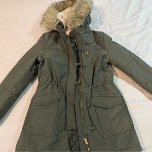 American Eagle Outfitters Olive Utility Jacket with Faux Fur Hood